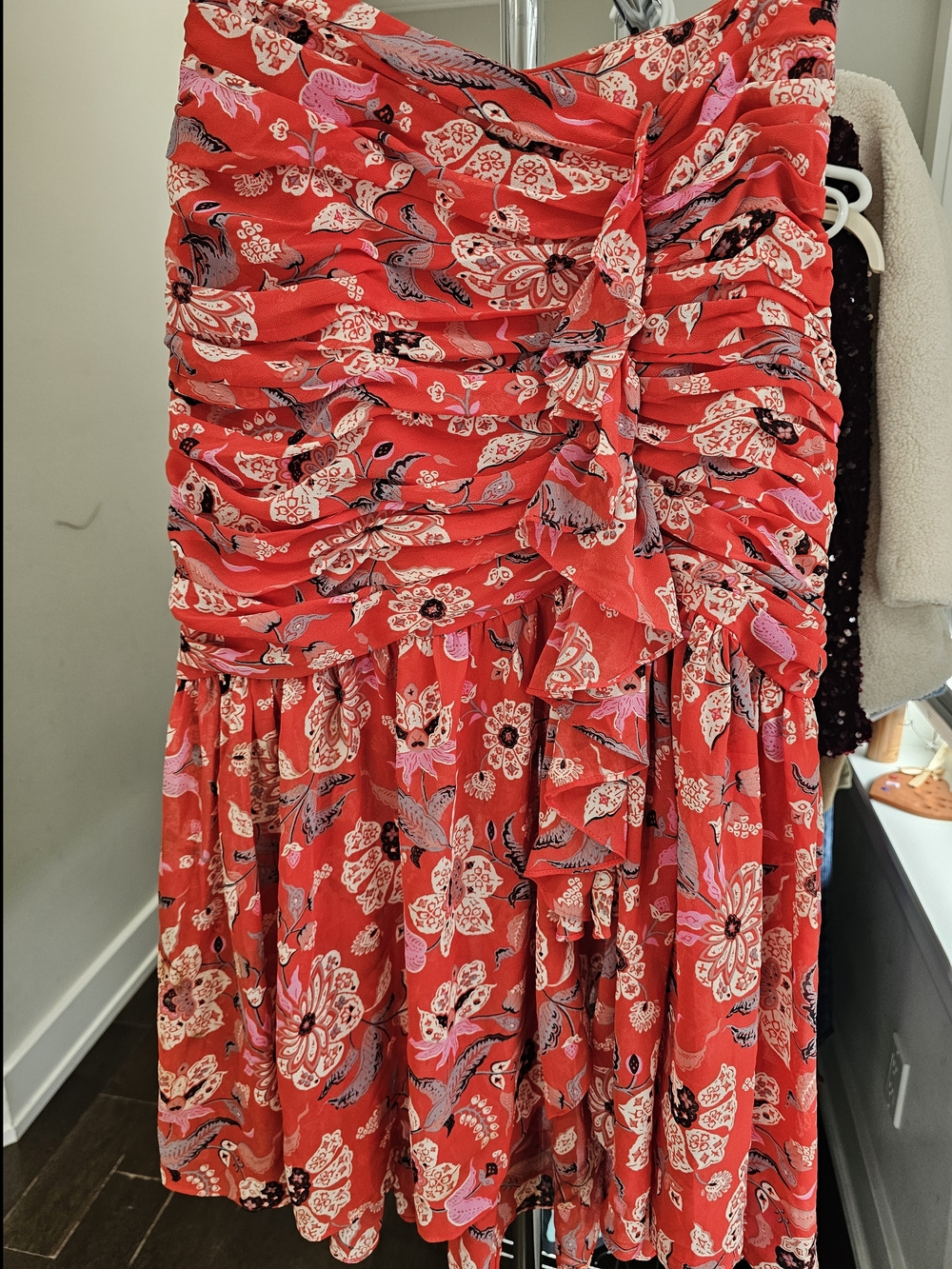 cinq a sept Red Floral Ruched Mini Skirt